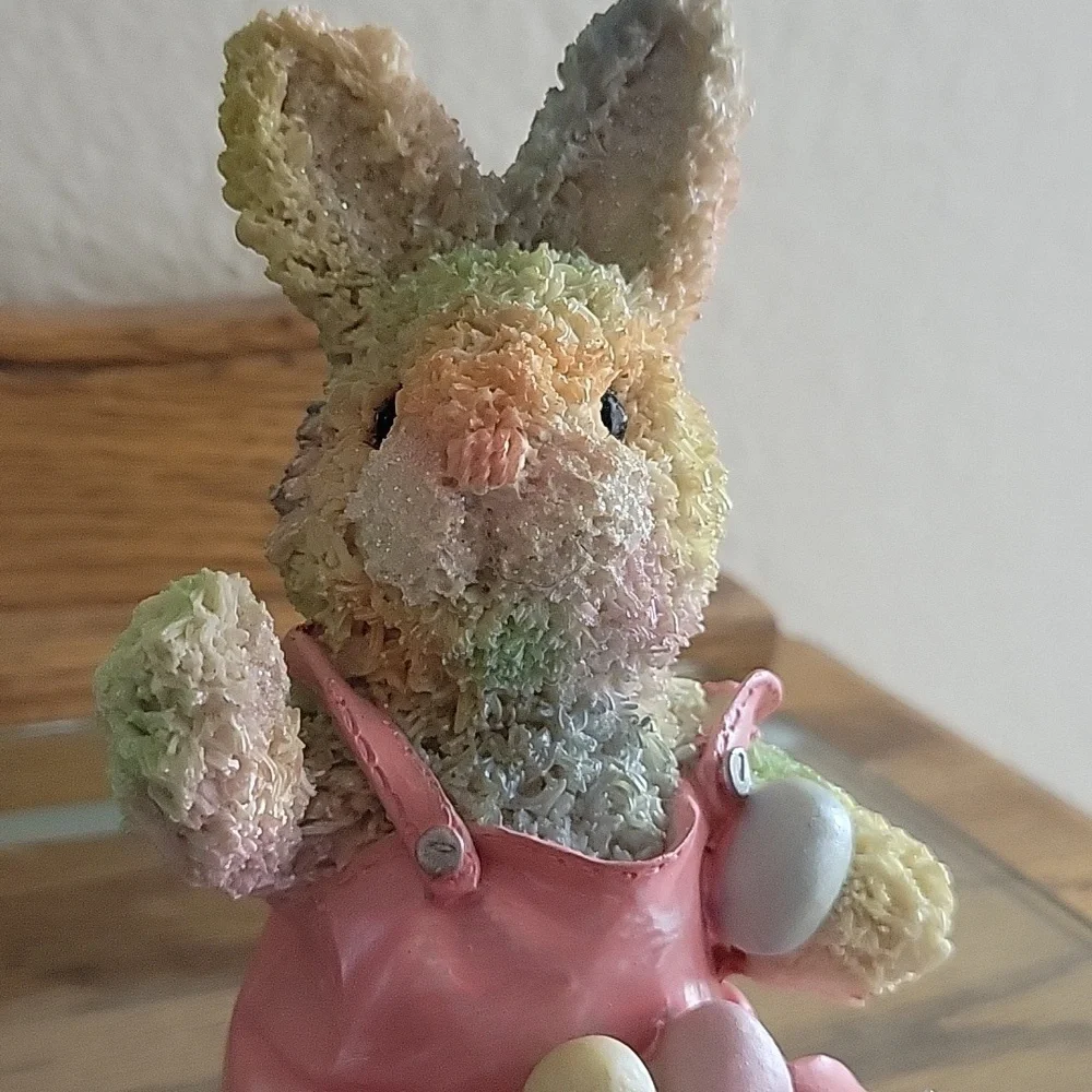 Hand Painted Bunny Figurine Pink Overalls Basket Pastel Eggs Approx 5.5" - Picture 3 of 11